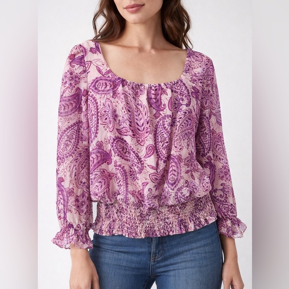 MELANIE LYNE-Paisley Smocked Waist Blouse Pink Purple Boho Top Size 4 - Picture 3 of 10